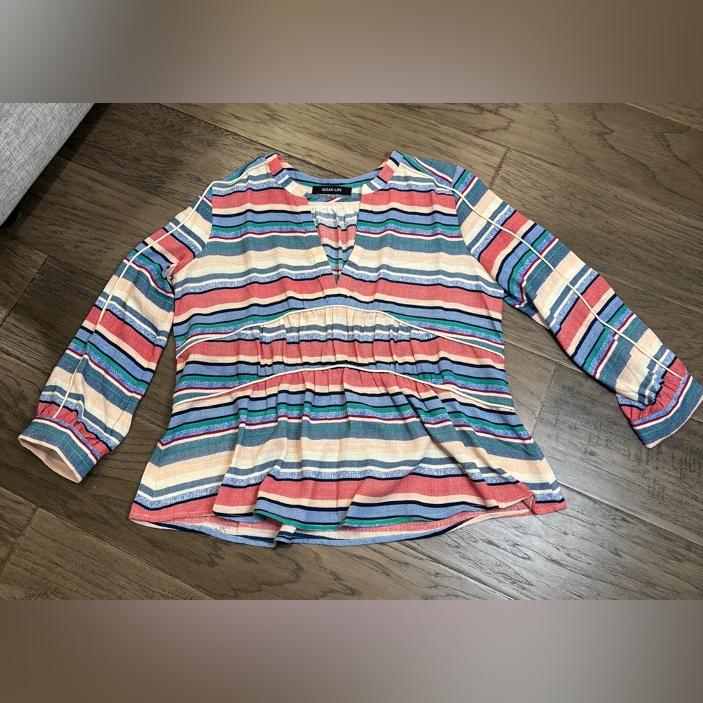 Sugarlips Red and‎ Blue Ruched 3/4 Sleeve Blouse Stripes Size M